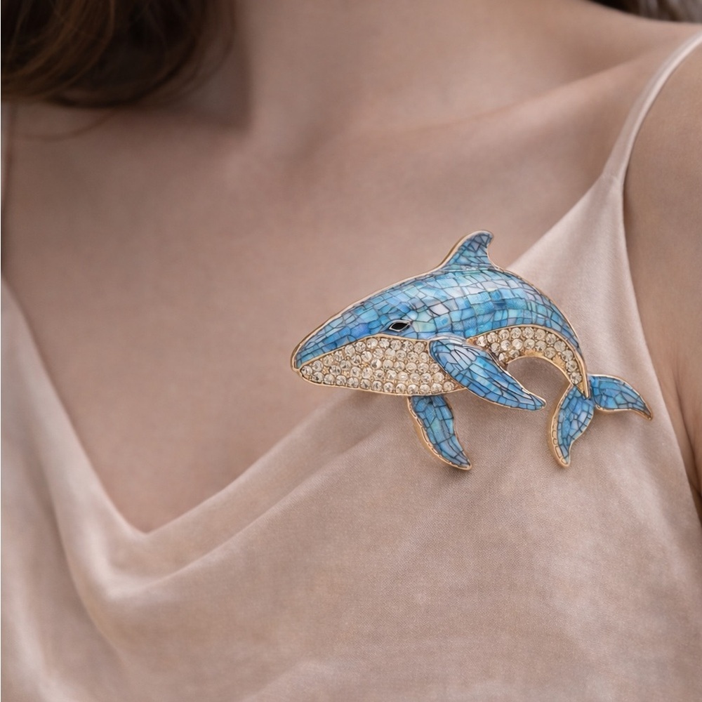 Anthropologie Blue and Gold Whale Brooch